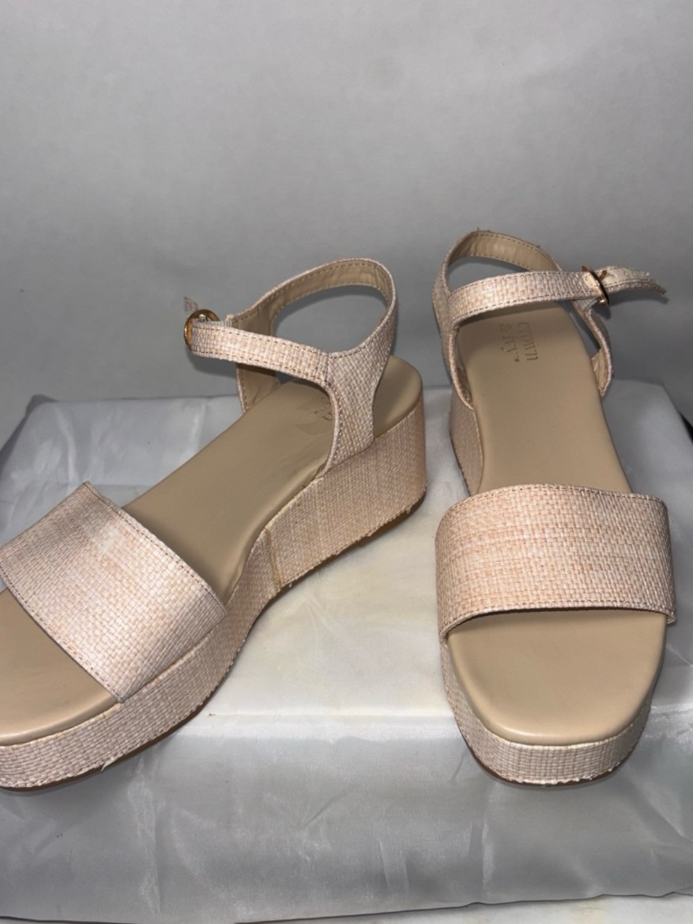 Crown & Ivy Women’s Neutral Pink Wedge Sandals with Ankle Strap